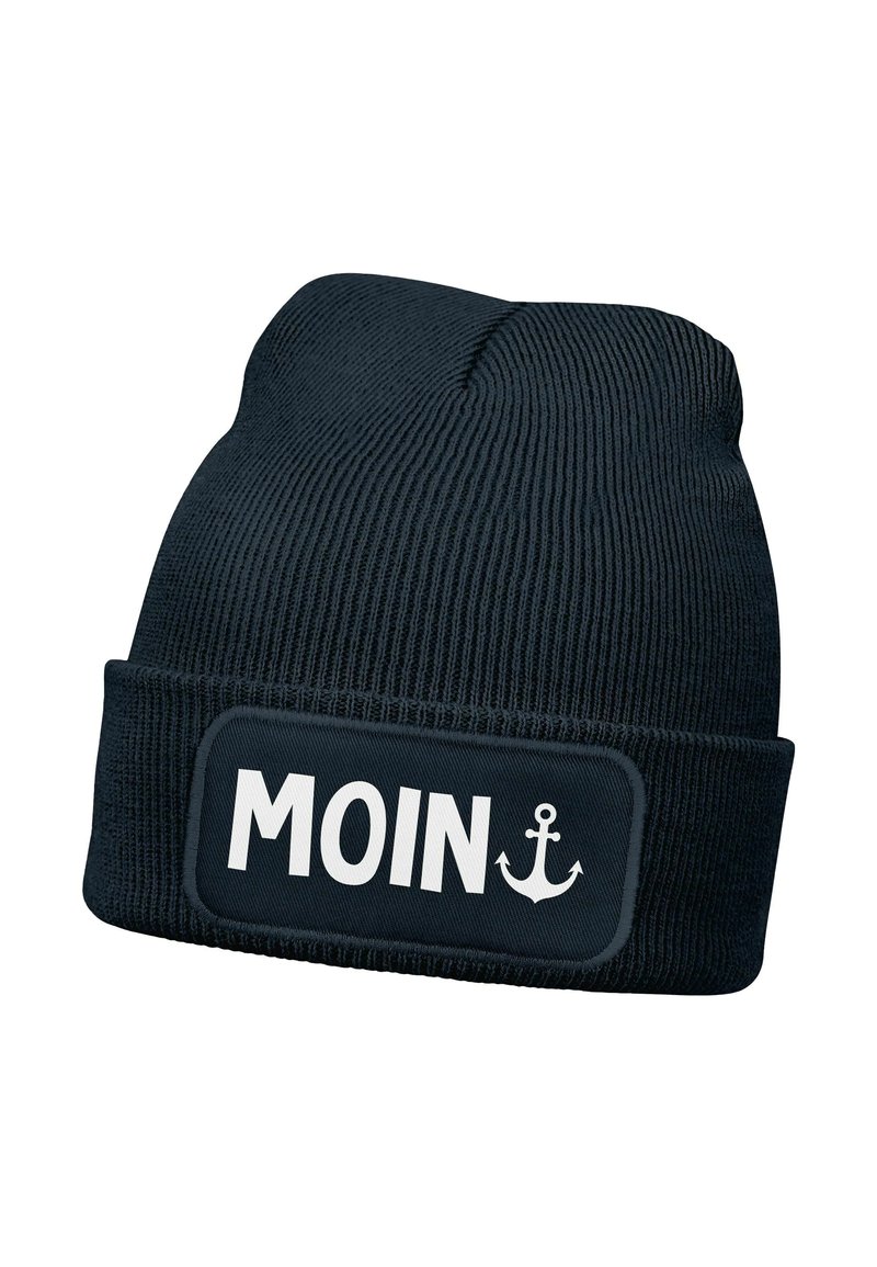 Knitted dark blue beanie with a fold-over cuff. Features a rectangular patch displaying the word "MOIN" in white text and an anchor graphic.