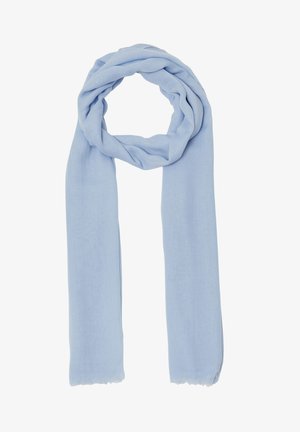 Light blue scarf made from soft, lightweight fabric, featuring a smooth texture and fringed edges, with an elongated, rectangular shape.