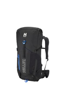 Czarny plecak z niebieskimi akcentami, wykonany z trwałego materiału. Posiada regulowane paski, boczne kieszenie i dużą przegrodę główną zapinaną na zamek.