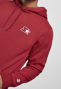 Sweat à capuche bordeaux avec capuche à cordon, présentant un logo blanc sur la poitrine et un petit marquage sur le poignet. Mélange de coton, texture lisse.