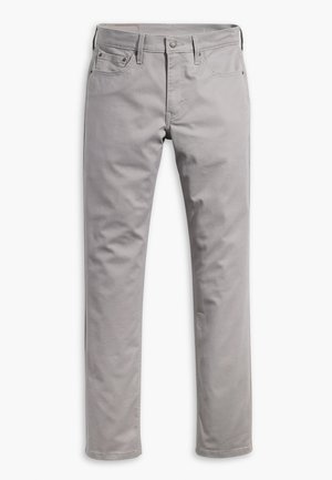 Pantaloni in cotone grigi con una vestibilità a gamba dritta, cinque tasche e chiusura con zip. Tessuto liscio con dettagli di cucitura sottili.