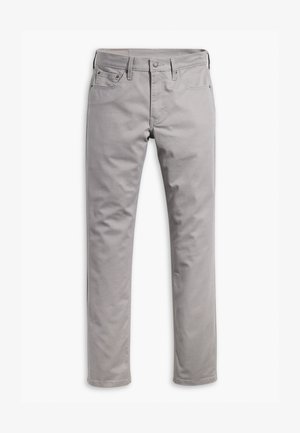 Pantaloni in cotone grigi con una vestibilità a gamba dritta, cinque tasche e chiusura con zip. Tessuto liscio con dettagli di cucitura sottili.