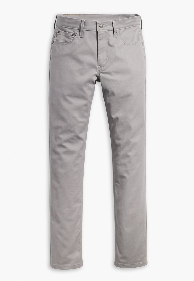 Pantalon en coton gris avec une coupe droite, cinq poches et une fermeture à glissière. Texture lisse avec des détails de couture subtils.