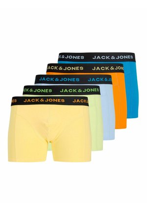 Set di cinque slip per uomo in giallo, verde, blu, arancione e azzurro. Ognuno presenta un elastico nero con la scritta "JACK & JONES" in bianco.