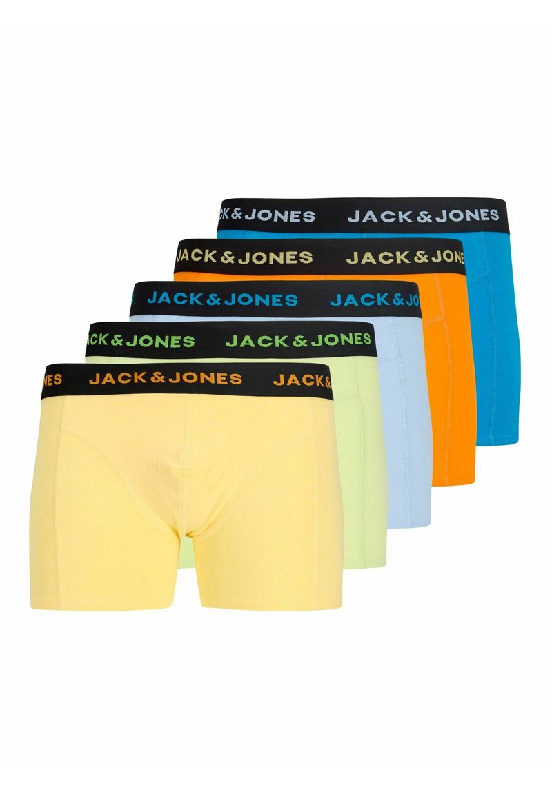 Öt férfi boxer alsónadrág szett sárga, zöld, kék, narancssárga és világoskék színekben. Mindegyik fekete derékszíjjal rendelkezik, rajta fehér "JACK & JONES" felirattal.