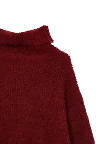 Dunkelroter strukturierter Rollkragenpullover aus weichem, lockigem Strickstoff, von hinten gezeigt, mit sichtbarem umgeschlagenem Kragenrand.