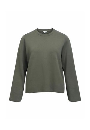 Oliven grøn sweater med rund hals, lange ærmer og en afslappet pasform. Fremstillet af blødt materiale med en glat tekstur. Ingen synlige mønstre eller accenter.