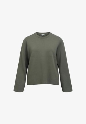 Olivgrüner Pullover mit Rundhalsausschnitt, langen Ärmeln und lockerer Passform. Hergestellt aus weichem Material mit glatter Textur. Keine sichtbaren Muster oder Akzente.