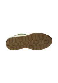 Suola della scarpa con un design testurizzato, caratterizzata da una suola in gomma marrone e una intersuola di colore chiaro a contrasto con dettagli del marchio.