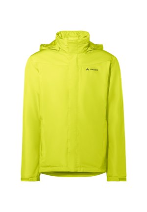 Veste de pluie Vaude en jaune vif, avec un col haut, une capuche et une texture lisse. Logo sur le côté supérieur gauche. Design léger.