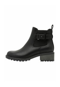 Black ankle boot made of textured leather with a block heel, featuring elastic side panels and a decorative buckle accent.