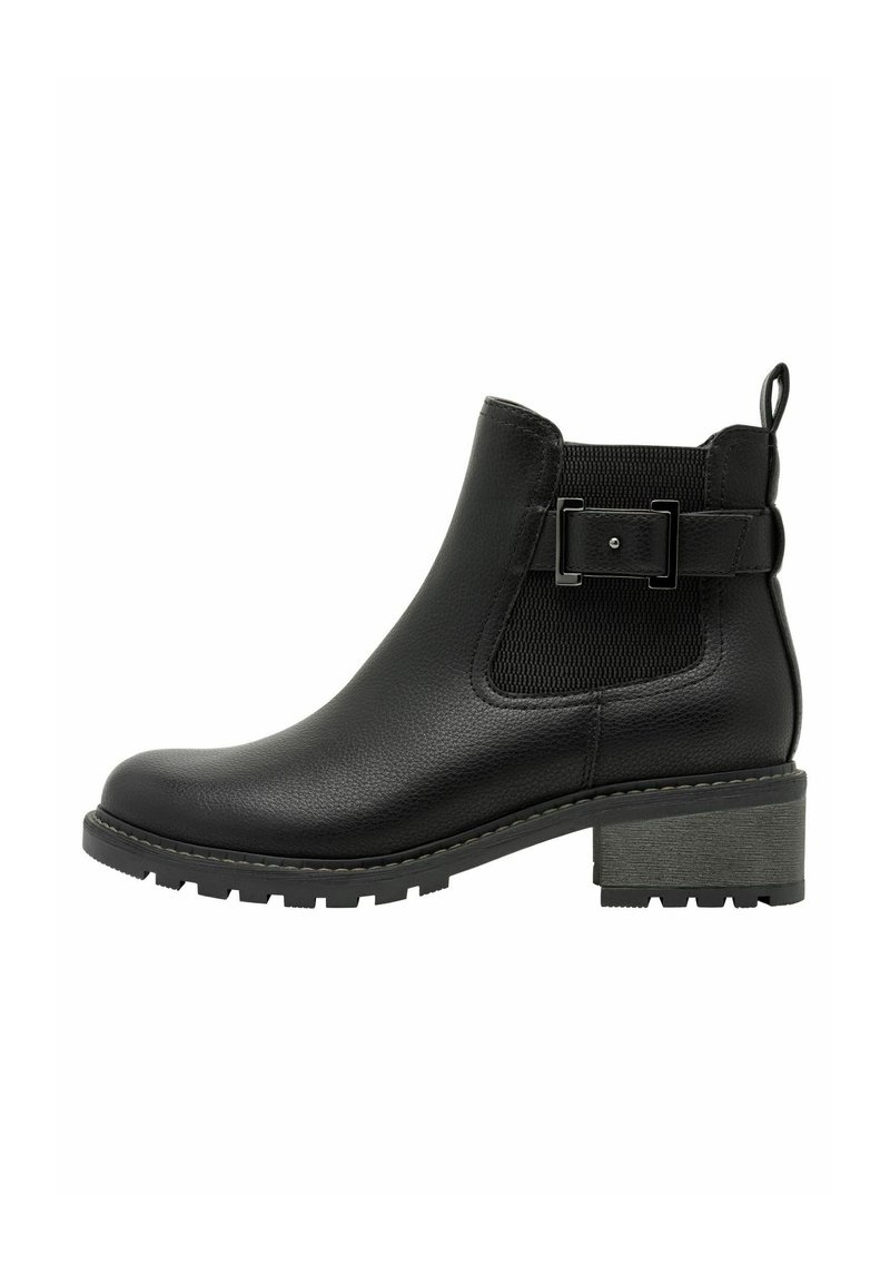 Black ankle boot made of textured leather with a block heel, featuring elastic side panels and a decorative buckle accent.
