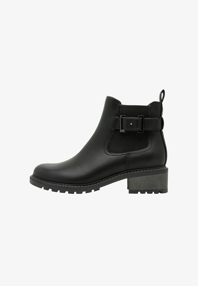 Black ankle boot made of textured leather with a block heel, featuring elastic side panels and a decorative buckle accent.
