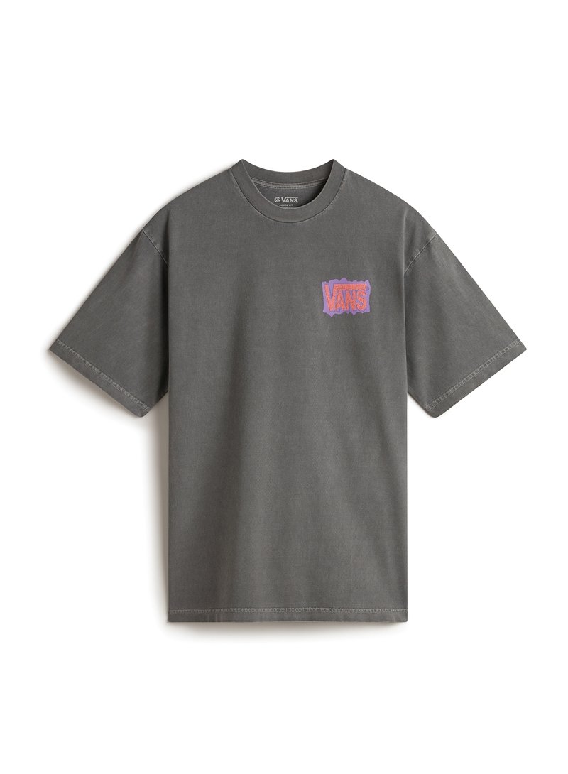 Grijze katoenen T-shirt met korte mouwen en een ronde hals. Heeft een kleurrijk Vans-logo op de linkerborst. Eenvoudig ontwerp, matte textuur.