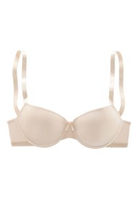 Beige gevoerde bh met een gladde stof, verstelbare bandjes en een klein strikje in het midden; kantafwerking langs de band.