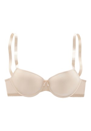 Beige gevoerde bh met een gladde stof, verstelbare bandjes en een klein strikje in het midden; kantafwerking langs de band.