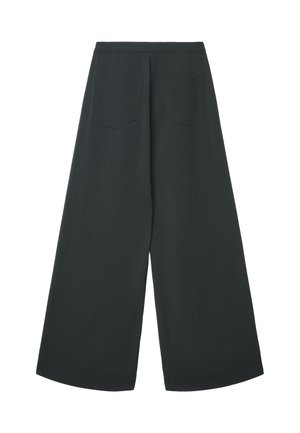 Pantaloni a gamba larga in tessuto grigio scuro. Caratterizzati da vita alta, due tasche posteriori e una texture liscia con cuciture piatte per un aspetto pulito.