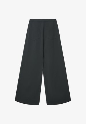 Pantaloni a gamba larga in tessuto grigio scuro. Caratterizzati da vita alta, due tasche posteriori e una texture liscia con cuciture piatte per un aspetto pulito.