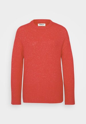 Red knit sweater with a round neckline and ribbed hem. Features a textured surface with subtle shimmer. Long sleeves enhance its design.