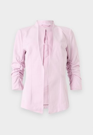 Light pink blazer with long sleeves, a collarless design, and ruched detailing on sleeves. Smooth fabric with a fitted silhouette.