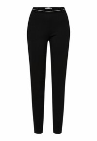 Zwarte broek van gladde stof, met een slim fit, twee zakken en een subtiele zilveren accent op de tailleband.