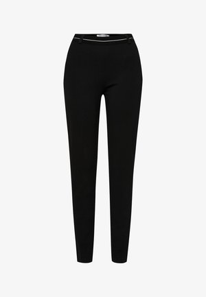 Schwarze Hose aus glattem Stoff, mit schlanker Passform, zwei Taschen und einem subtilen silbernen Akzent am Bund.