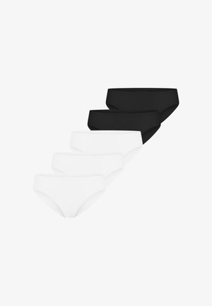 Cinq culottes de bikini sans couture disposées en pile, trois blanches devant et deux noires derrière, présentées sur fond blanc.
