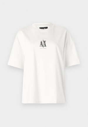 T-shirt bianca in cotone con maniche corte, vestibilità rilassata e stampa del logo nera al centro anteriore. Tessuto liscio, senza ulteriori motivi.