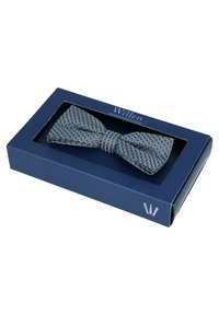 Navy blue bow tie featuring a textured geometric pattern, presented in a matching navy box with a transparent window and brand logo.