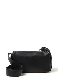 Borsa a tracolla nera in pelle con forma rettangolare, chiusura con zip e tracolla regolabile. Presenta dettagli in metallo color oro.