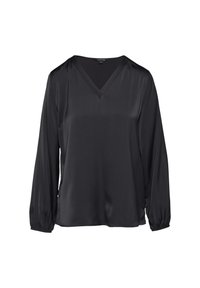 Schwarze Bluse mit langen Ärmeln und V-Ausschnitt. Hergestellt aus glattem, glänzendem Stoff. Verfügt über geraffte Bündchen und eine lockere Passform für Komfort.