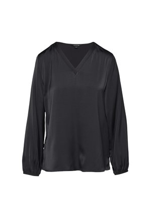 Blusa nera a maniche lunghe con scollatura a V. Realizzata in tessuto liscio e lucido. Presenta polsi arricciati e una vestibilità comoda e rilassata.