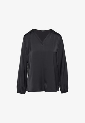 Czarna bluzka z długim rękawem i dekoltem w kształcie litery V. Wykonana z gładkiego, błyszczącego materiału. Posiada marszczone mankiety i luźny fason dla wygody.