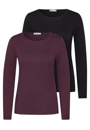To langærmede crewneck-trøjer, én mørk lilla foran og én sort bagpå, enkelt design med små mærkeslabels inde i kraven.