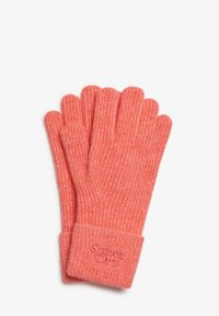 Gants tricotés corail avec texture côtelée, dotés d'un poignet replié et du logo "Superdry" brodé sur le poignet. Design à cinq doigts.