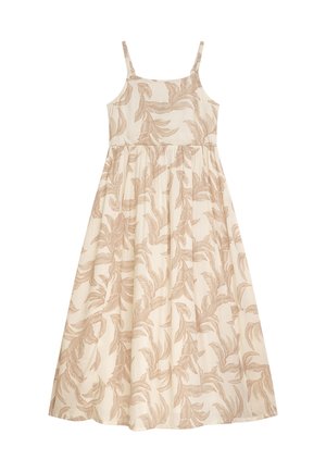 Cremefarbenes Kleid mit beigem Blattmuster, tailliertem Oberteil und fließendem Rock. Mit dünnen Trägern und geraffter Taille für eine entspannte Passform.