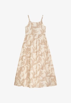 Cremefarbenes Kleid mit beigem Blattmuster, tailliertem Oberteil und fließendem Rock. Mit dünnen Trägern und geraffter Taille für eine entspannte Passform.