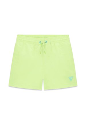 Pantaloncini da bagno verde neon con vita elasticizzata, coulisse frontale con occhielli blu e piccolo logo blu sulla gamba sinistra.