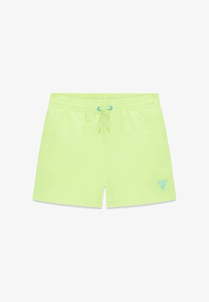 Neon groene zwembroek met elastische tailleband, voorste treksluiting met blauwe oogjes en klein blauw logo op het linkerbeen.