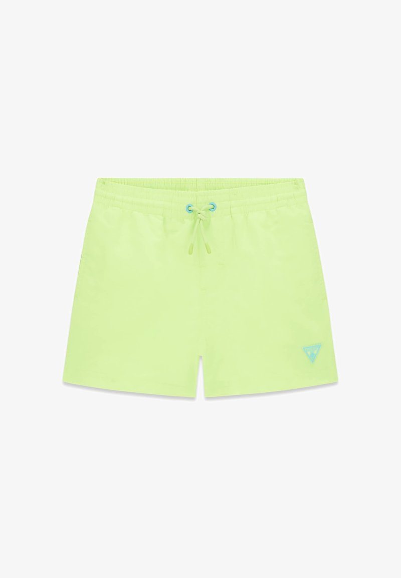 Shorts de bain vert néon avec ceinture élastique, cordon de serrage à l'avant avec œillets bleus, et petit logo bleu sur la jambe gauche.