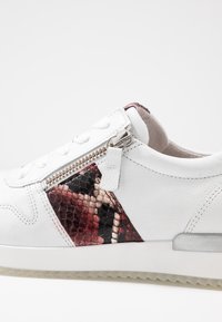 Sneaker bianco in pelle con un'accensione in stampa serpente testurizzata bordeaux e nera, una cerniera laterale e una suola in gomma bianca.
