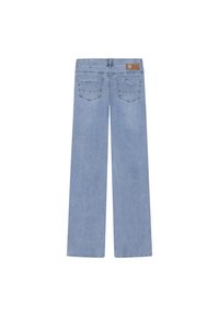 Ljusblå vida jeans i denim, med en brun läderlapp på midjan och två bakfickor med broderade detaljer.