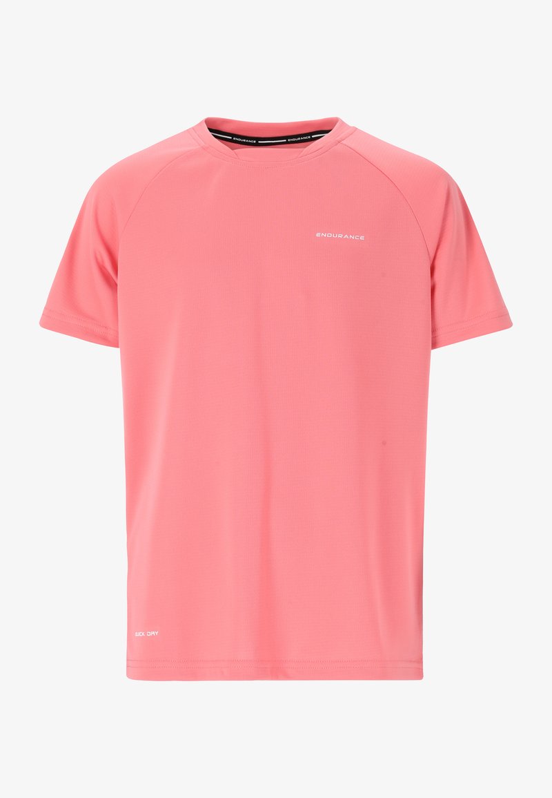 T-shirt de sport rose en tissu évacuant l'humidité. Présente un col rond, des manches raglan courtes, et un logo imprimé sur la poitrine.