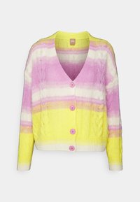 Multicolored cardigan featuring a v-neck, pink, white, and yellow stripes, cable knit texture, and four pink buttons down the front.
