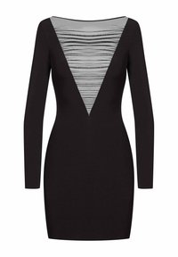 Black dress with long sleeves, featuring a V-shaped gray mesh panel at the neckline with horizontal stripe texture. Form-fitting design.