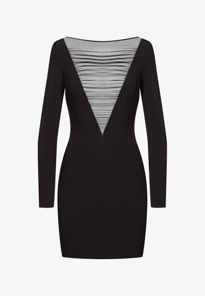 Robe noire à manches longues, avec un panneau en maille grise en forme de V au niveau du col, présentant une texture à rayures horizontales. Design ajusté.