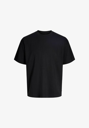 T-shirt noir à manches courtes en coton, doté d'un col rond et d'une coupe décontractée. Texture lisse sans motifs ni accents visibles.