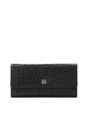 Portefeuille noir en cuir embossé crocodile, avec une texture lisse, un accent de logo doré et une forme rectangulaire, doté d'une fermeture à rabat.