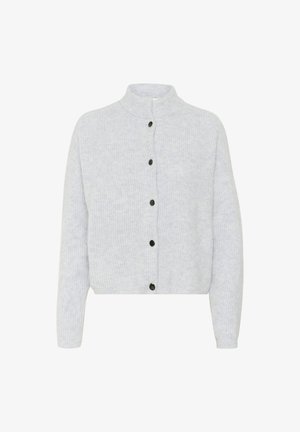 Svijetlo siva pletiva kardigan s visokim ovratnikom, s crnim gumbima i dugim rukavima, nudi teksturiran i ugodan izgled.