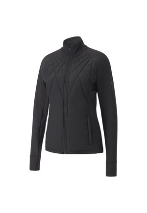 Czarna kurtka damska na pełny zamek z pikowanymi panelami z przodu, wysokim kołnierzem, długimi rękawami i bocznymi kieszeniami.